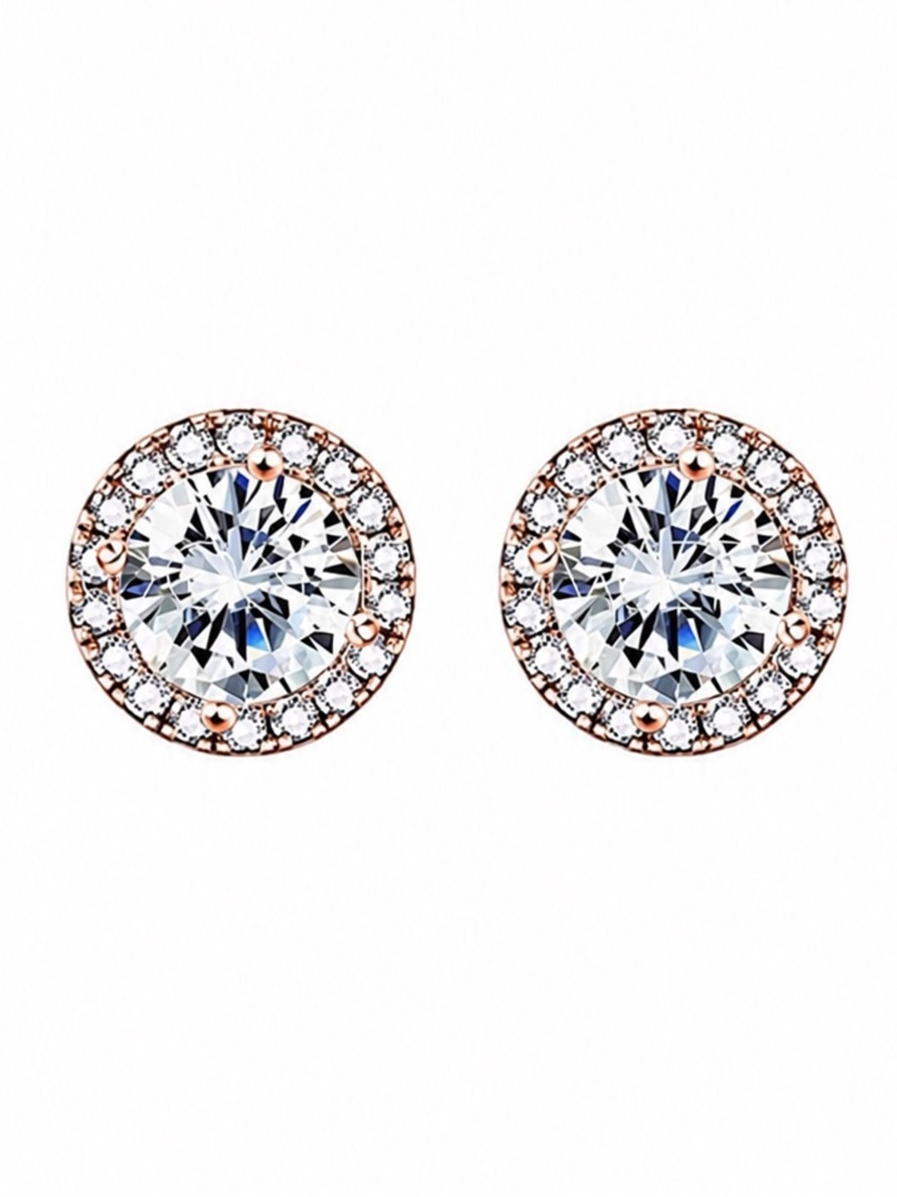 Rose Gold Round CZ Halo Stud Earrings - Stainless Steel
